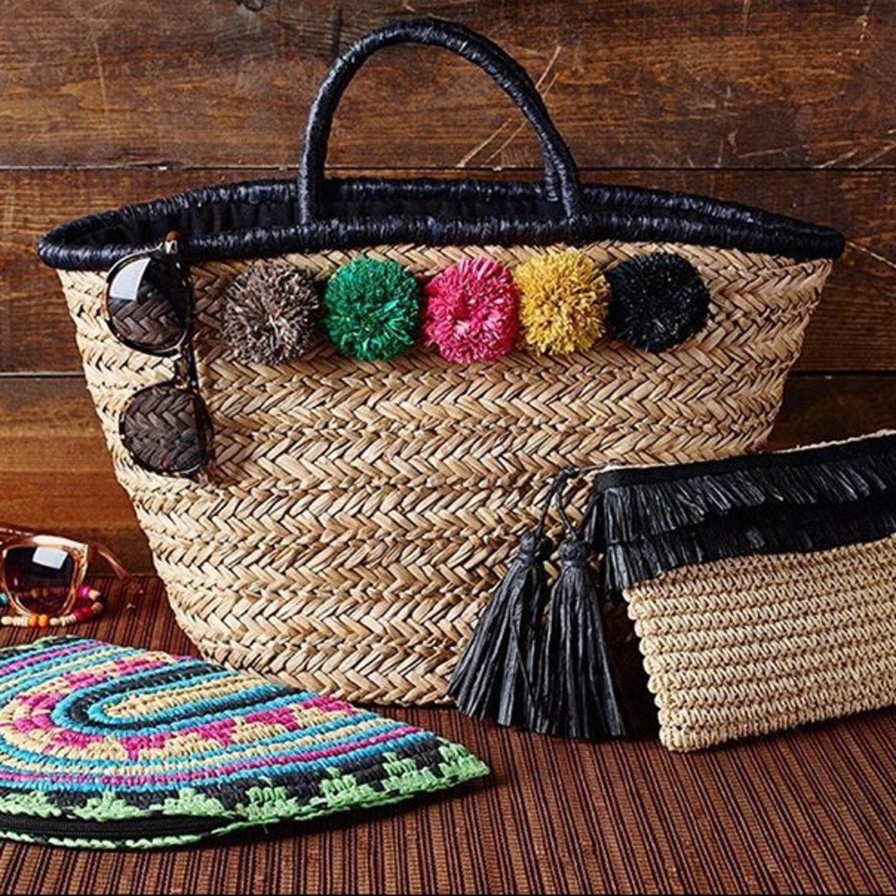 Summer Straw Large Pom Tote bag from Anthropologie